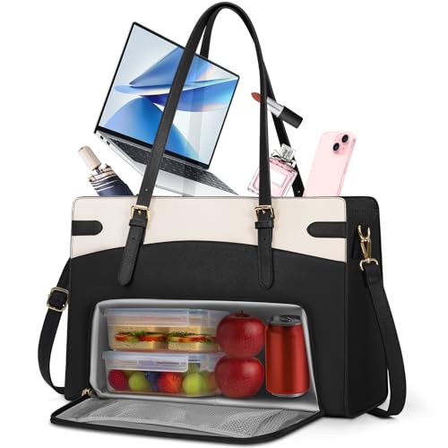 RAINSMORE 2-in-1 Laptop Bag with Insulated Lunch Compartment for Women 15.6 Inch PU Leather Work Tote for Teachers Nurses, Professional Water-Resistant Business Briefcase for Office & Travel - color: Black
