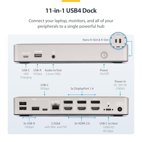StarTech USB4 Driverless Dock, Triple 4K 60Hz, HDMI or DP, 100W, 2.5GbE | USB-C dock, 3 monitors, Zero-touch Windows and ChromeOS, Not macOS, Native GPU, PXE Boot, Wake-on-LAN, Lock slot - size: Triple Monitor, style: Triple 4K60 USB4