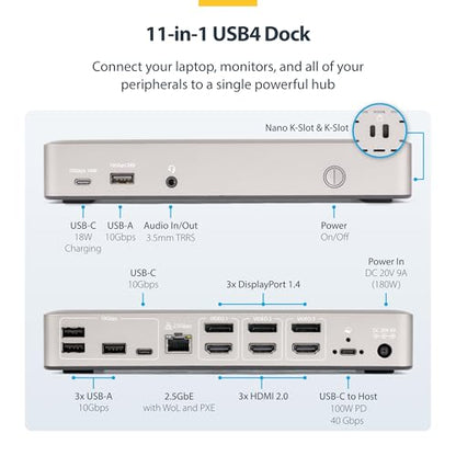 StarTech USB4 Driverless Dock, Triple 4K 60Hz, HDMI or DP, 100W, 2.5GbE | USB-C dock, 3 monitors, Zero-touch Windows and ChromeOS, Not macOS, Native GPU, PXE Boot, Wake-on-LAN, Lock slot - size: Triple Monitor, style: Triple 4K60 USB4