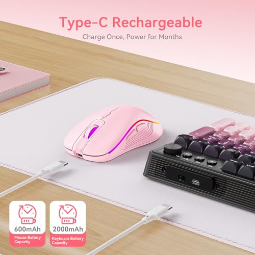 Wireless Keyboard and Mouse Combo, RGB Backlit Rechargeable 2000 mAh Battery, Wireless Computer Keyboards, Tri-Mode Bluetooth/2.4GHz/USB-C Custom Creamy Keyboard, RGB Backlit Media Knob (White-Pink) - color: Gradient pink