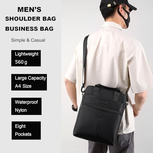 natyrlpog Men's 14-inch Laptop Shoulder Bag Nylon, Messenger Bag Business Waterproof Casual Black, Large Crossbody for Work Travel Outdoor