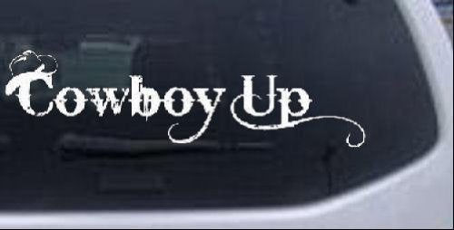 Cowboy Up with Hat Western Car Window Wall Laptop Decal Sticker - White 8in X 2.3in