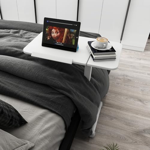 PUNCIA 28" Overbed Table with Split Tilting Desktop,Pneumatic C Table,White | Mobile Laptop Desk for Bedside, Height Adjustable End Table with Wheels, Computer Cart for Home Sofa Office & Hospital Use - color: White