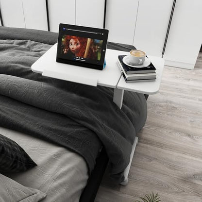 PUNCIA 28" Overbed Table with Split Tilting Desktop,Pneumatic C Table,White | Mobile Laptop Desk for Bedside, Height Adjustable End Table with Wheels, Computer Cart for Home Sofa Office & Hospital Use - color: White