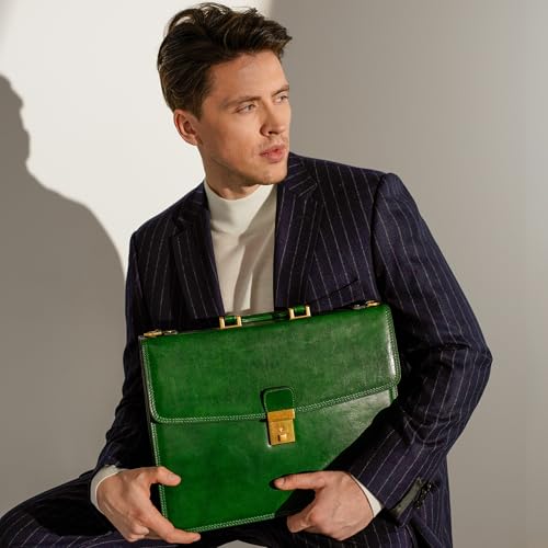 Time Resistance Leather Briefcase - Italian Handmade Leather Laptop Bag - Handbag for Men - Professional Computer Case - color: Green