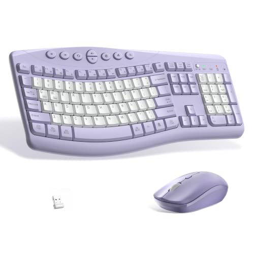 Wireless Keyboard and Mouse Combo Silent Ergonomic Curved Design for Office | 2.4G Full Size Cordless Keyboard with Tilt Legs,3-Level DPI Quite Mouse for Windows,Mac OS/Desktop/Laptop/PC - color: purple-b