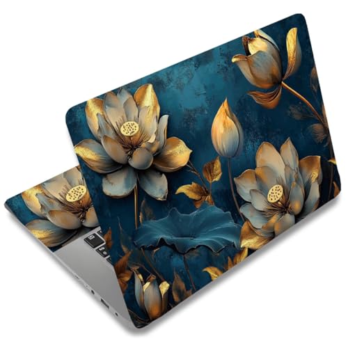 SUPERDANT Laptop Skin Sticker Lotus Flower Laptop Decals Personalized Universal Notebook Computer Wrap Vinyl Skin Stickers Cover Art Decal Removable 12-15.6 Inch Waterproof Gifts Blue Gold