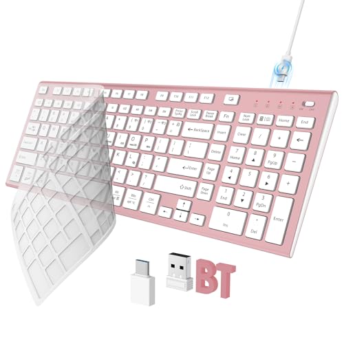 FENIFOX Wireless Keyboard, Bluetooth & 2.4G USB & USB-C Rechargeable Silent Ultra Quiet Low Profile Compact Full Size with Number Pad Soft Multi Device for Mac MacBook Windows PC - Pink & Rose Gold - color: Pink