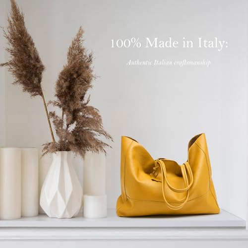 Italian Leather Tote Bag for Women - Large Shoulder Shopper, Fits 16” Laptop, Keychain Holder, Made in Italy - color: Yellow