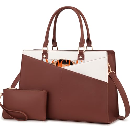 LOVEVOOK Laptop Tote Bag for Women, Leather Business Office Work Bag Computer Briefcase with Small Clutch fit for 15.6 Inch Laptop,Brown-Beige - color: A-brown-beige, size: 15.6 inch