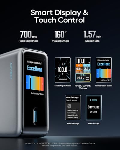 CUKTECH 100W Wall Laptop Charger, 4-Port GaN USB C Charger Block, Smart Display and Touch Control, Fast Charging Power Adapter for MacBook, iPhone 17/16 Series, Galaxy S26, Pixel (Cable Included)