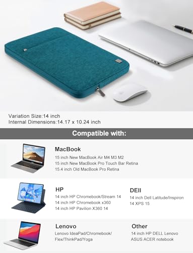 DOMISO Laptop Case Laptop Sleeve Cover Compatible with 15 inch MacBook Air M4/A3241 2025, M3/A3114,M2/A2941,15 inch MacBook Pro A1990 A1707,Compatible with Dell XPS 15 Plus with Pocket, Teal - color: Teal, size: 14 inch