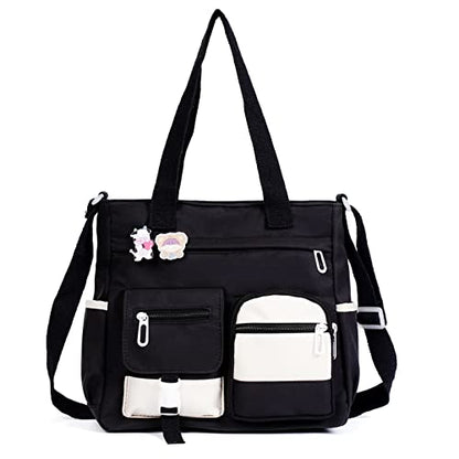 Phaoullzon Cute Messenger Bag Kawaii Crossbody Purse for Teen Shoulder Tote | Gifts for Girls/ Women, Nylon Japanese College Satchel Travel Work Gym Handbag - color: Black, style: Large(could Fit 14" Laptop)