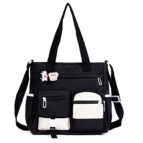 Phaoullzon Cute Messenger Bag Kawaii Crossbody Purse for Teen Shoulder Tote | Gifts for Girls/ Women, Nylon Japanese College Satchel Travel Work Gym Handbag - color: Black, style: Large(could Fit 14" Laptop)