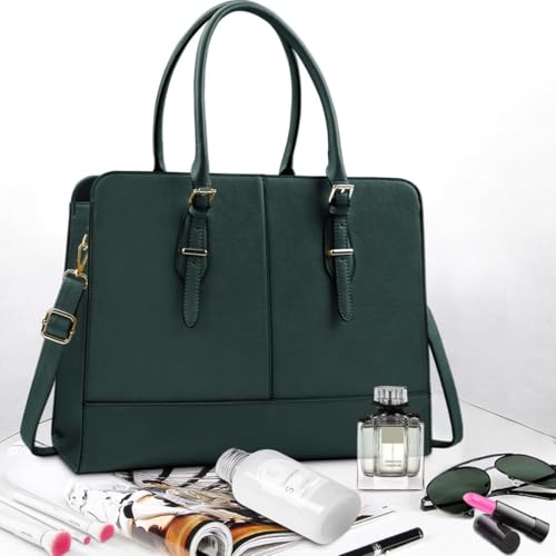 Laptop Bag for Women 15.6 Inch Leather Work Tote Briefcase Business Computer Shoulder Bag Large Capacity Waterproof Office Messenger Handbag Professional Teacher Nurse Carryall - color: Deepgreen