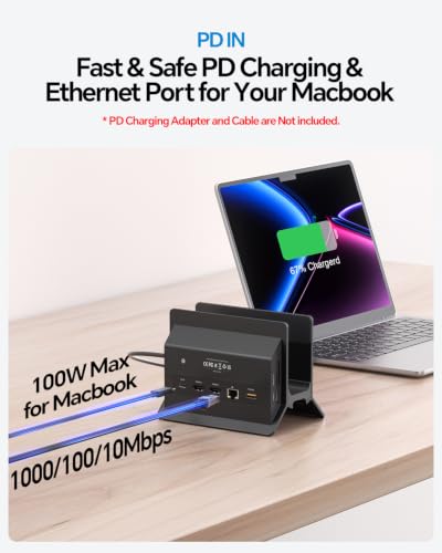 MacBook Docking Station Dual Monitor 4K@60Hz for MacBook Pro/Air M5/M4 | PULWTOP Vertical Laptop Dock Stand with M.2 NVMe SSD Enclosure, 2 HDMI, 10Gbps USB A/C, Ethernet, PD for Home & Office, Black