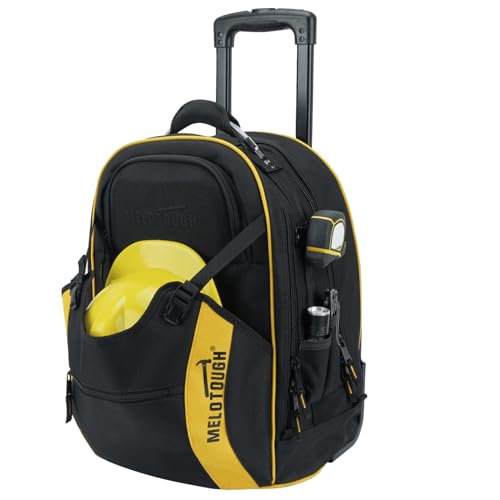 MELOTOUGH Rolling Tool Bag with Telescoping Handle 35 Pockets Wheeled Electrician Backpack Tool Bag For Men,Water Resistant Tool Storage Organizer Including Laptop Sleeve (Yellow） - color: Yellow
