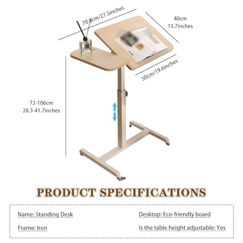 Home Movable Sofa Side Table, Height Adjustable Laptop Desk, Portable Bedside Table with Wheels, Tiltable Freestanding Standing Desk, Easy to Install
