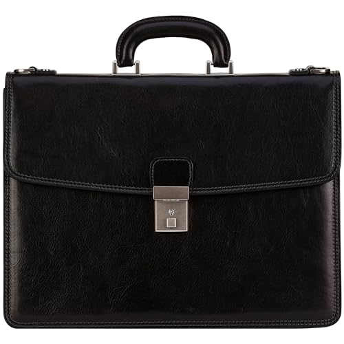 Time Resistance Leather Briefcase - Italian Handmade Leather Laptop Bag - Handbag for Men - Professional Computer Case - color: Black