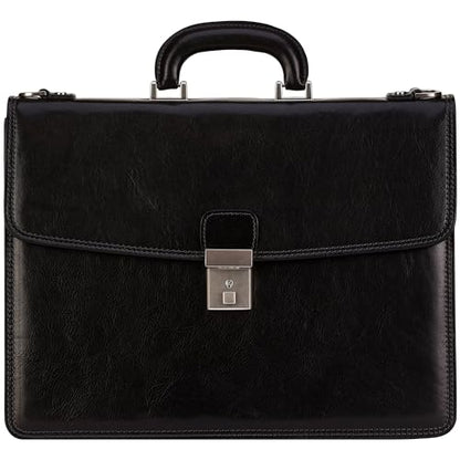 Time Resistance Leather Briefcase - Italian Handmade Leather Laptop Bag - Handbag for Men - Professional Computer Case - color: Black