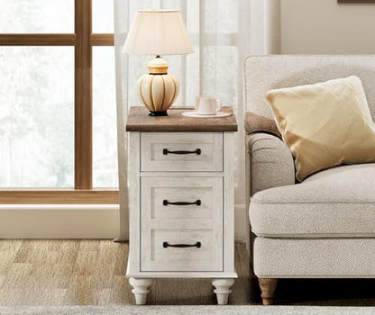 WAMPAT Antique White End Table with Charging Station, Wooden Side Table with Drawer & Storage Cabinet, Farmhouse Nightstand with Power Outlets & USB Ports for Living Room, Bedroom - color: Antique White