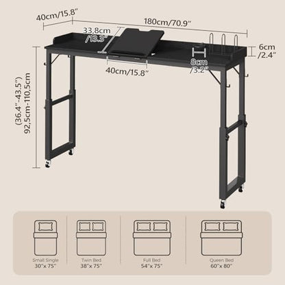 MAHANCRIS Overbed Table with Wheels, Queen Size Adjustable Rolling Desk | Height & Angle Adjustable Rolling Overbed Table with Bookshelf, Cup Holder, 4 Hooks, Lockable Wheels, Fits Bed/Sofa/Recliner - color: Black