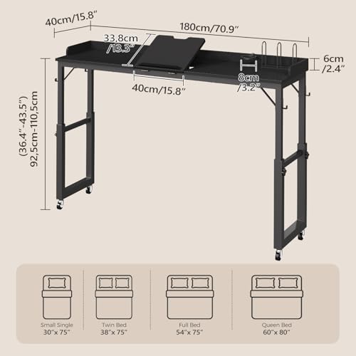 MAHANCRIS Overbed Table with Wheels, Queen Size Adjustable Rolling Desk | Height & Angle Adjustable Rolling Overbed Table with Bookshelf, Cup Holder, 4 Hooks, Lockable Wheels, Fits Bed/Sofa/Recliner - color: Black