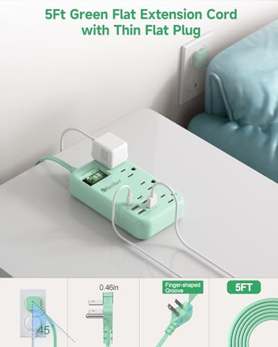 6 USB(2 USB C) Green Travel Power Strip 4 Outlets 5Ft Green Extension Cord | 5FT Green Extension Cord,2 USB C Charging Station,4 Outlets,Cute Desk Accessories,Switch,Kawaii Home Office College Dorm,24W - size: 5 FT(Green-24W USB-980J)