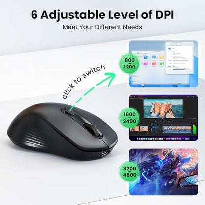 TECKNET Rechargeable Bluetooth Mouse, [ USB + BT5.0 + BT3.0 ] Wireless Mouse, Ergonomic Design, Silent Click, 6-Level 4800 DPI Wireless Mice, 3-Device Switching for Laptop, Computer, MacBook（Black） - color: Black