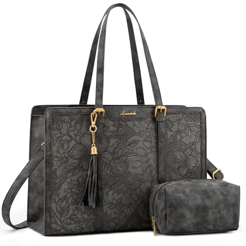 LOVEVOOK Work Tote Bag for Women,17.3 inch Vintage Laptop Tote Large Capacity Leather Computer Bag with Clutch Purse for Teacher,Office,Casual - color: Mud Gray, size: 17.3 inch