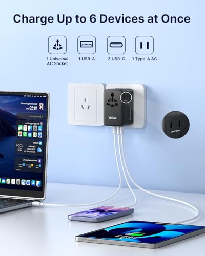 VINTAR 140W GaN Universal Travel Adapter, 6-in-1 International Power Adapter with 2AC, 3 USB-C PD & 1 USB-A QC, All-in-One Charger Compatible with EU/UK/US/AU for Laptops, Tablets, Phones, Cameras - color: 140W Black