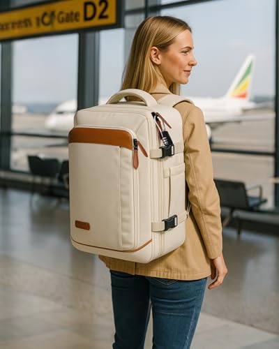 Vancropak Travel Backpack for Women, Airline Approved Carry on Backpack | 3 Packing Cubes, Fits 17" Laptop, Expandable Large 40L Travel Bag, Personal Item Backpack 18x14x8, Anti Theft,Weekend Daypack - color: White Brown