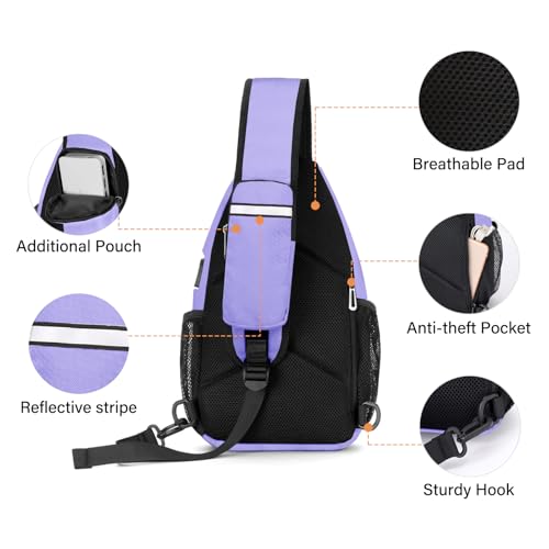 MOSISO Sling Backpack Bag, Crossbody Shoulder Bag Travel Hiking Daypack Chest Bag with Front Square Pocket&USB Charging Port - color: Lilac