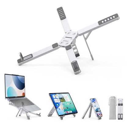 ORICO Portable Laptop Stand for Travel & Desk, Ultra-Compact Foldable Aluminum 3-in-1 Riser for Laptop, Tablet & Phone, 5 Adjustable Heights, Compatible with MacBook/HP/Dell/iPad/iPhone – PN1 (Silver)