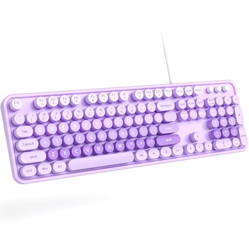 MOWUX Computer Keyboard Wired, Plug and Play USB Retro Round Typewriter Keyboard, Full Size Wired Keyboard with Foldable Stands for Laptop and Office PC- LED Backlit Black - color: Large Purple Colorful