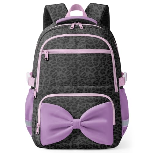 WOBAGMEN Printed Backpack for Adult Women with Bow | Water-Resistant Printed school bag, Spacious Storage for Elementary and Middle School Students（Black Leopard） - color: Black Leopard