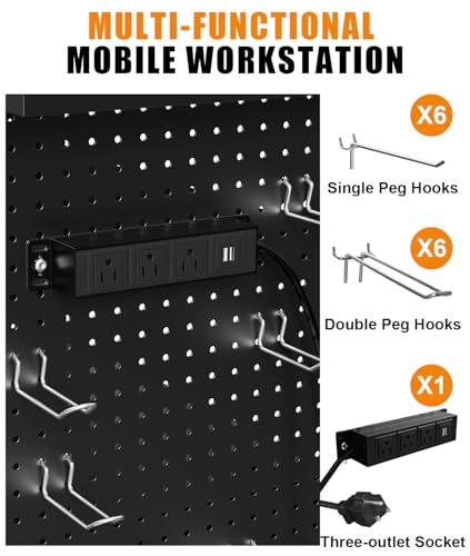 AV Cart with Wheels and Power, Media Cart with Pegboard Siding & 12 Hooks, with Locking Cabinet & Pullout Keyboard Tray, Rolling Computer Cart, Mobile Workstation, Utility Cart(40" x 18" x 31.5") - size: 40" x 18" x 31.5"