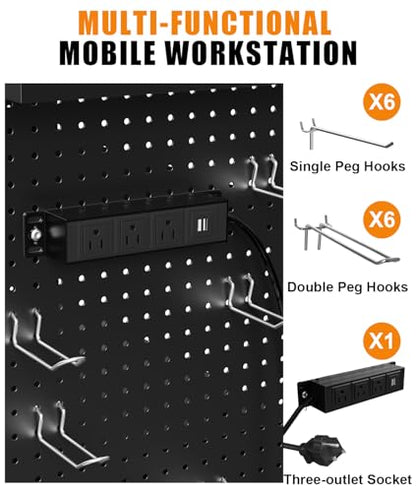 AV Cart with Wheels and Power, Media Cart with Pegboard Siding & 12 Hooks, with Locking Cabinet & Pullout Keyboard Tray, Rolling Computer Cart, Mobile Workstation, Utility Cart(40" x 18" x 31.5") - size: 40" x 18" x 31.5"