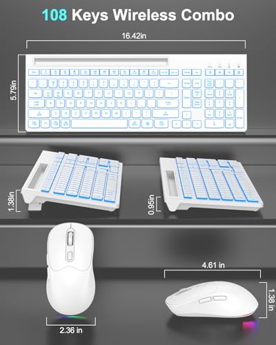 Wireless Keyboard and Mouse Combo, 7 Backlit Effects, Light Up Letters, Rechargeable, Phone Holder, 6 Button Mouse, Ergonomic Tilt Angle, 2.4GHz Silent USB Keyboard Mouse for Laptop, PC - color: White