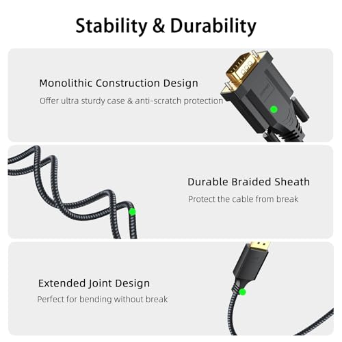 DisplayPort to VGA Cable 10ft, DP Display Port to VGA Adapter Cable Converter Male to Male Braided Cord for Monitor Desktop Laptop Display Projector HDTV - style: 10 Feet