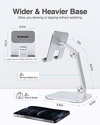 elitehood Aluminum iPad Stand, Adjustable Tablet Holder for Desk, Desktop Tablet Stand Dock for iPad Pro 12.9 11, Air Mini 4 5 and More 4-13.5 inches Tablets, Silver - color: Silver