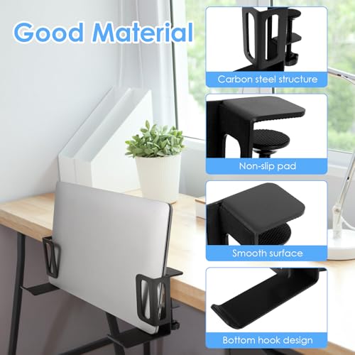 Desk Side Laptop Holder, Vertical Desk Side Storage Laptop Holder, Adjustable Laptops Mount with Headphone Hooks, No Drill Clamp for Laptops,Tablets,Keyboards,Backpack (Black)