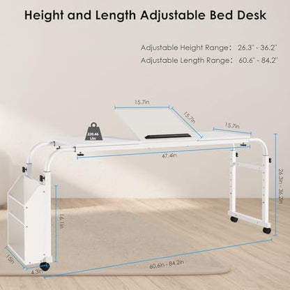 Overbed Table with Wheels,60.6-84.2 inches Mobile Bed Desk, White | Rolling Computer Desk with 0-65°Tilt Stand,4 Heights and 6 Lengths,Side Storage Basket,for Home,Office and Hospital - color: White