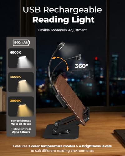 Book Stand for Reading, Adjustable Book Holder with 360° Rotating Bases, Multifunctional Display Stand for Recipe, Cookbooks, Magazines (Dark Wood with Light) - color: Dark Wood With Light