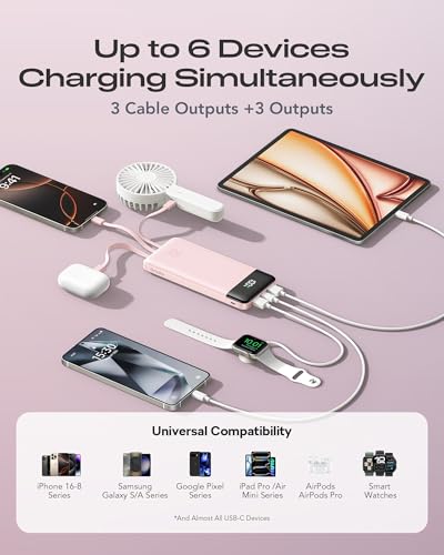 Orfeika 20000mAh Power Bank Fast Charging, Portable Charger with 4 Built-in Cables & 6 Outputs, 20W PD USB C Battery Pack Compatible with iPhone 16/15, Galaxy, Android, iPad & More (Travel Essential) - color: SoftPink