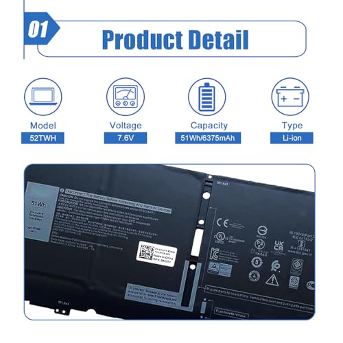 51Wh 52TWH Laptop Battery Replacement for Dell XPS 13 7390 2-in-1 Series Notebook P103G P103G001 P103G002 MM6M8 XX3T7 0MM6M8 0XX3T7 6375mAh 7.6V 4-Cell