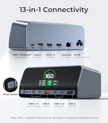 RayCue USB C Docking Station, 13-Port Dual 4K Display Laptop Docking Station with 160w Max USB-C Output, 2.26''LCD Smart Display, 10Gbps USB A/C Ports,Ethernet Ports for macOS and Windows
