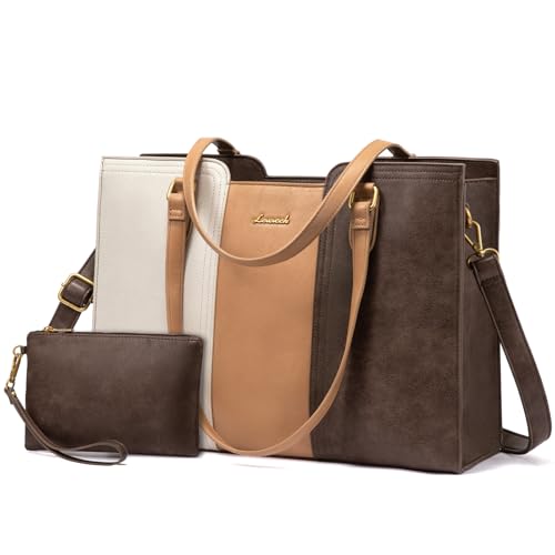 LOVEVOOK Laptop Bag for Women - Waterproof Work Bag for Women & Vintage Laptop Tote Purse with Wristlet - color: Beige/Coffee, size: 15.6 inch
