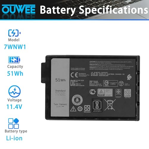 7WNW1 Laptop Battery Replacement for Dell Latitude 5424 Rugged Extreme, Latitude 5420 Rugged Extreme, Latitude 7424 Rugged Extreme P85G P85G001 P86G P86G001 DMF8C GK3D3 6NNCF DP3KF DMF0C - size: 5.05*3.41*0.61 inch 7WNW1