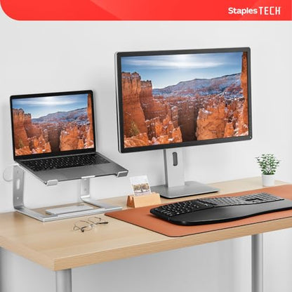 Staples TECH Adjustable Aluminum Laptop Stand – Fits 11"–17" Laptops, Ergonomic Eye‑Level Riser with Ventilated Cooling & Anti‑Slip Base, Silver - style: Silver